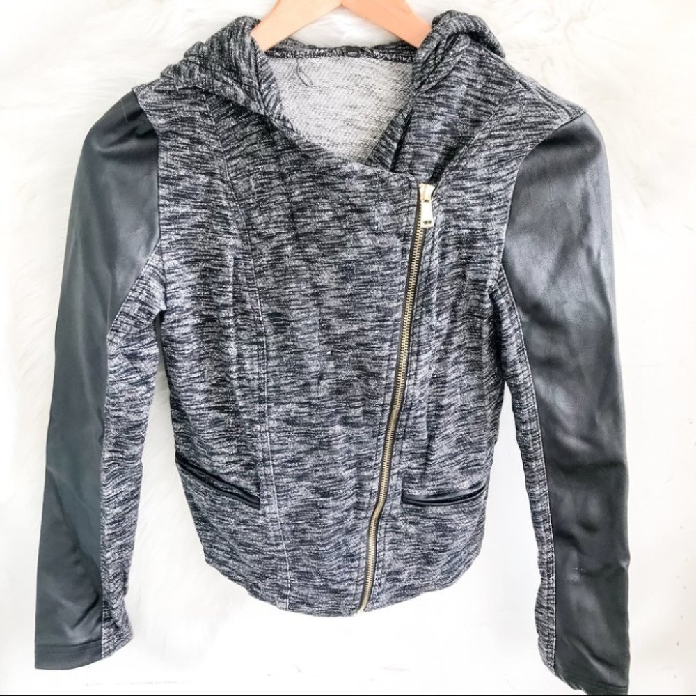 Express Marled Gray and Black Faux Leather Hooded Asymmetrical Full Zip Jacket